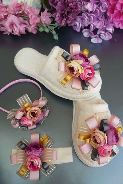 Melkady Aksesuar Melkady 005- 3-Piece Maternity Set, Pink Striped Chiffon Maternity Slippers, Baby Headband and Crown