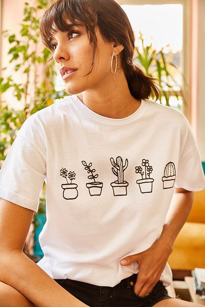 Olalook Weißes Damen-T-Shirt mit Kaktus-Print TSH-19000349