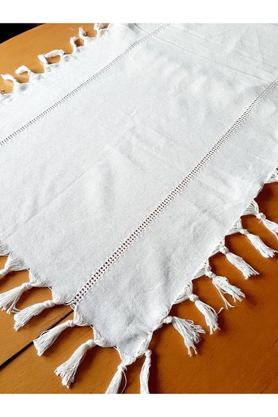 AKIN AKSESUAR HEDİYELİK Buldan Cloth Plain Tasseled Cream Color Runner Tablecloth