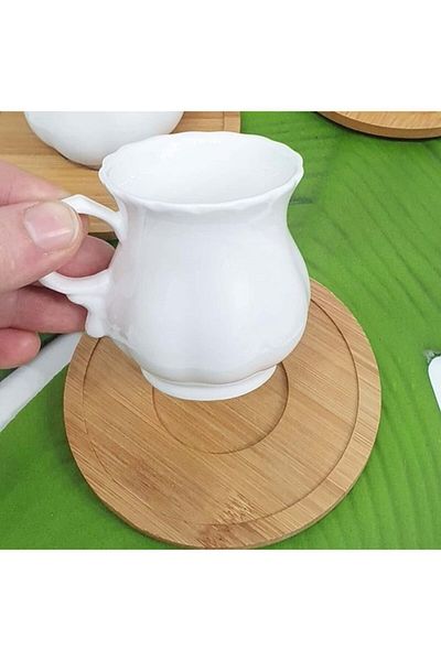 panayır 12 Piece Porcelain Coffee Cup Set for 6 Persons with Bamboo Saucer Gift Cup