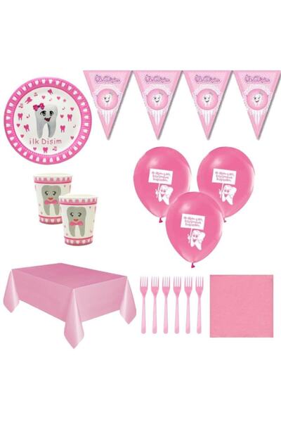 Parti Furyası Tooth Wheat + My First Tooth + My Tooth Came Out + Tooth Mevlidi Themed Pink Set for 40 People