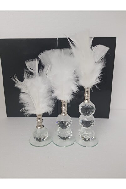 Arose Ab Ev Dekorasyon Üçlü Beyaz Tüy Dekor Gümüş Renk Ağızlık