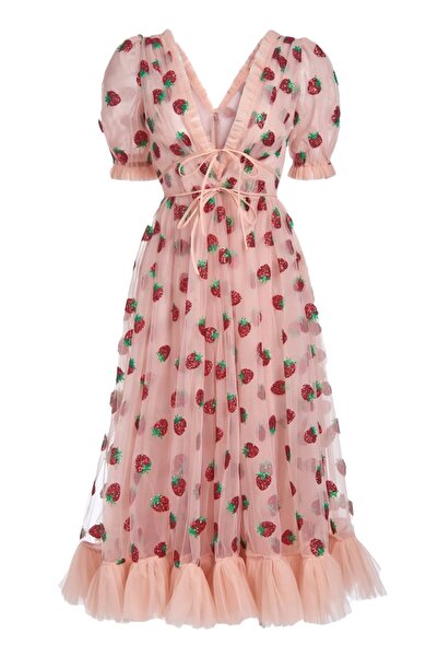 nish for you Kadın Çilek Detay Midi Tasarım Elbise