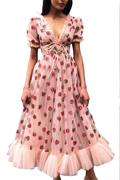 nish for you Kadın Çilek Detay Midi Tasarım Elbise