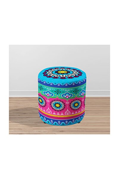 Armi Puf Etnik Hint Desenli Mavi  Yuvarlak Puf+2 Kırlent Kılıfı