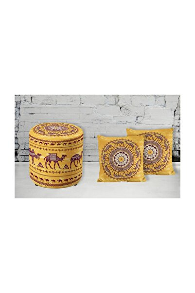 Armi Puf Camel Desenli  Yuvarlak Puf+2 Kırlent Kılıfı