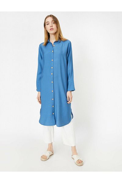 Koton Women's Blue Button Detailed Long Sleeve Tunic