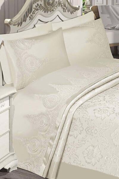 Bonny Home Nisa Krem Fransız Güpürlü Şönil 6 Parça Çift Kişilik Pike Çeyizlik...