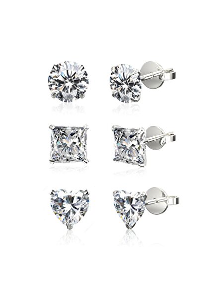 Jewelry For Light ,925 Ayar Gümüş,3'lü Set, 4mm, Tektaş Yuvarlak, Prenses, Ka...