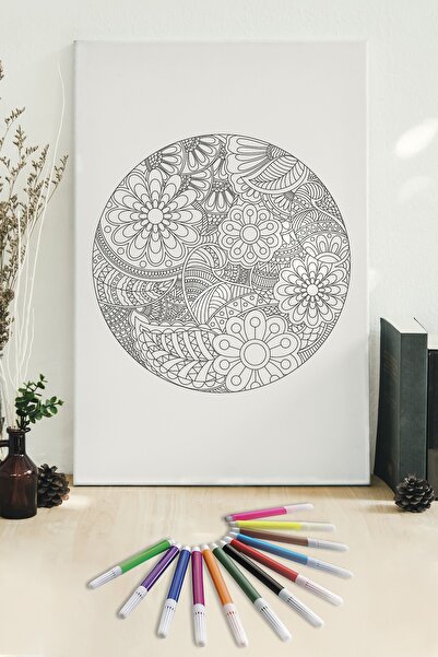 Hediyeler Kapında 50x70 Boyanabilir Kanvas Mandala Tuval + 12'li Keçeli Kalem