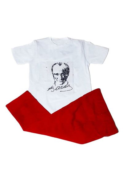 Nisu Tasarım Boys' Ataturk Flag Double Sided Sequin T-Shirt And Red Pants