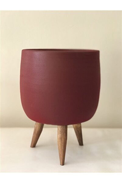 Ahşap Ayaklı Tombul Bordo Saksı 18cm