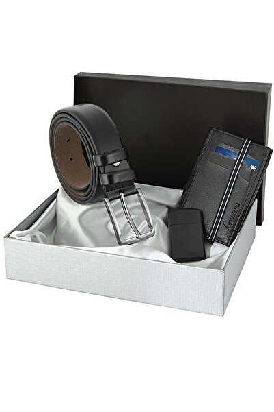 Forentina Siyah Kemer Kartlık Çakmak Erkek Kombin Set Ps1288