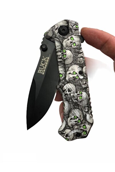 BUCK Çakı Bıçak Kuru Kafa Desenli Kilitli Bıçak Kılıf Hediyeli