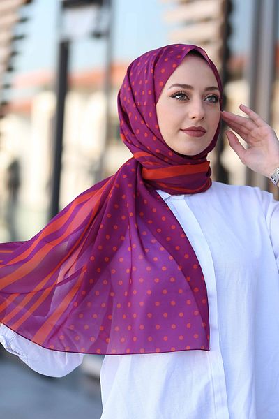 Stella Striped Polka Dot Patterned Chiffon Shawl Model 72*180cm Dark Rose