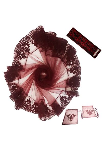 KAZIM ALIÇ Kadife Simli Eldiven Ve Kemerli Duvak Kırmızı Gelin Yüz Örtüsü 4prç