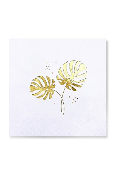 Story مناديل ورقية ذهبية اللون منقوشة على شكل أوراق نبات المونسترا 16 قطعة باللون الأبيض مقاس 33 × 33 سم
