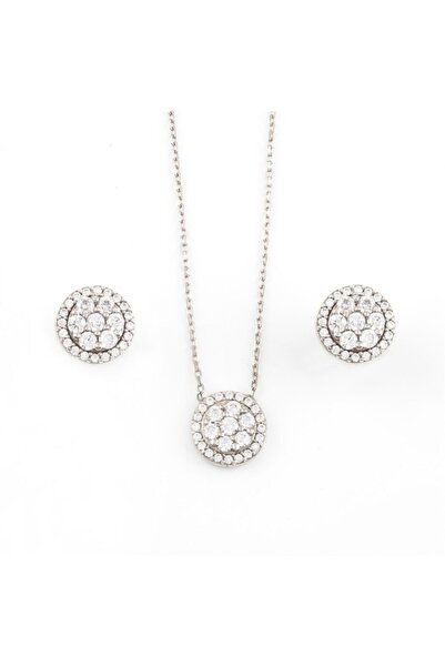 Afrodit Silver Kadın Pırlanta Modelli Kolye Küpe Gümüş Set