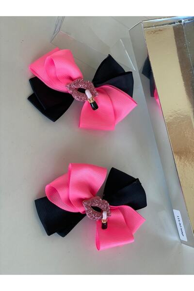 QUEEN AKSESUAR Neon Pink Black 2-Piece Metal Lip Brooch Girl Child Baby Girl Collared Buckle