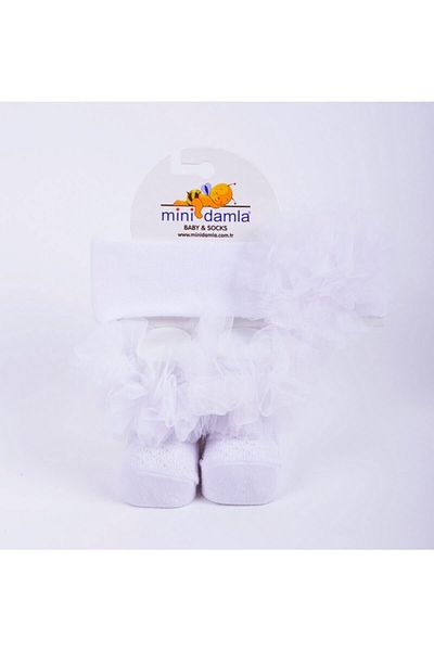 Minidamla Baby Girl Kokoş Headband Socks Set White