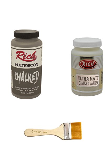 Rich 3'lü Boya Seti Chalked Boya Retro Siyah 500cc + Ultra Mat Vernik 250cc + Zemin Fırçası