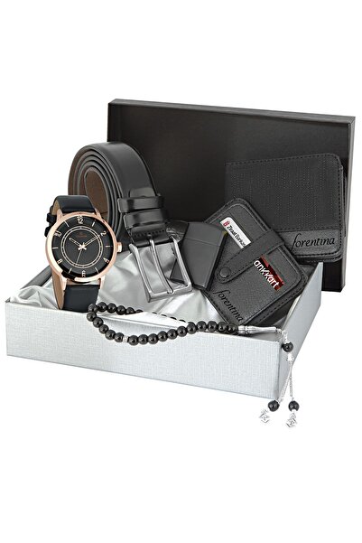 Forentina Siyah Kemer Cüzdan Kartvizit Saat Çakmak Kombin Set Ps1294