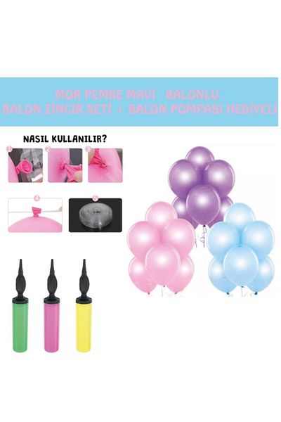 Parti Furyası Blue Pink Purple Balloon Chain Set + Balloon Pump Gifted 100 Pieces