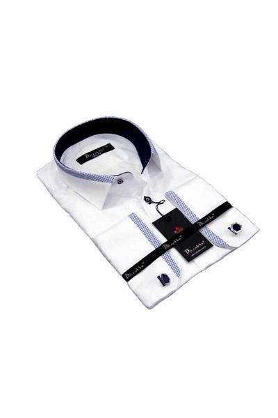 Dicotto Λευκό Navy Blue Bieli Collar Slim Fit Micro υφασμάτινο ανδρικό πουκάμισο με μανικετόκουμπα Slim Fit - 200-3