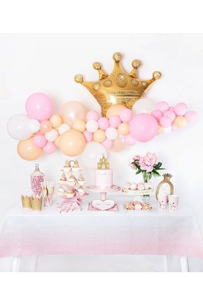 MERİ PARTİ Pink Salmon White Metallic Balloon Gold Color Crown Foil Balloon And Balloon Chain
