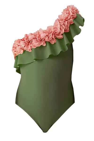 Lovekini Beachwear Valentina O|p Tek Omuz Çiçekli Yeşil Çocuk Mayo