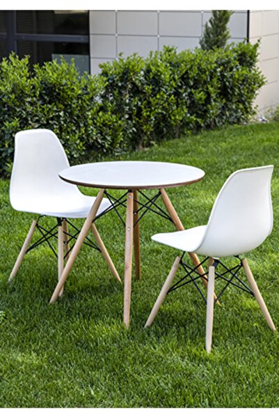 Dorcia Home Yuvarlak Eames Ahşap Ayaklı Ahşap Masa 2 Adet Beyaz Eames Sandaly...