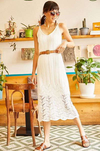 Olalook Women's Ecru Lined Summer Knitwear Dress ELB-19001113