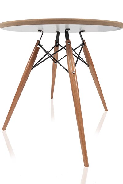 Dorcia Home Yuvarlak Eames Ahşap Ayaklı Ahşap Masa 2 Adet Beyaz Eames Sandalye Seti
