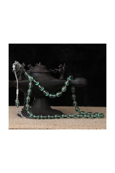 Tesbihsepetim Water Green Tasseled Silver Zulfiqar Squeeze Amber Prayer Beads