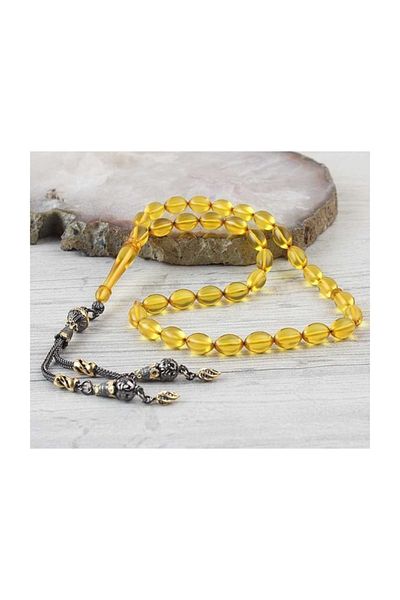 Tesbihsepetim Silver Tasseled Rodaj Coated Clamping Amber Prayer Beads