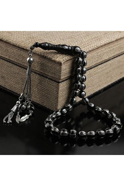 Tesbihsepetim Erzurum Oltu Stone - Silver Tasseled and Embroidered Rosary