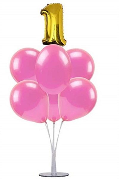 Çemrek Süs Parti Pink 1 Year Old Balloon Stand - 1 Stand and 10 Metallic Balloons and 50 cm Foil Balloons