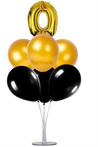Çemrek Süs Parti Black Gold 0 Year Old Balloon Stand - 1 Stand and 10 Metallic Balloons and 50 Cm Foil Balloons