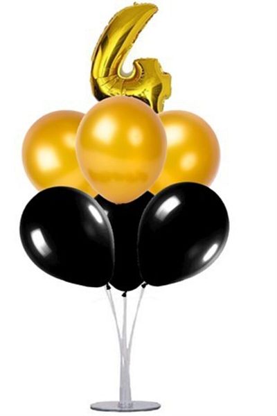 Çemrek Süs Parti Black Gold 4 Year Old Balloon Stand - 1 Stand and 10 Metallic Balloons and 50 Cm Foil Balloons