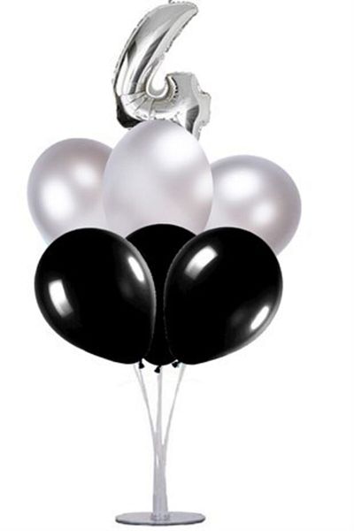 Çemrek Süs Parti Black Silver 4 Years Old Balloon Stand - 1 Stand and 10 Metallic Balloons and 50 Cm Foil Balloons