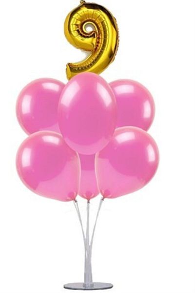 Çemrek Süs Parti Pink 9 Years Old Balloon Stand, 1 Stand and 10 Metallic Balloons and 50 cm Foil Balloons