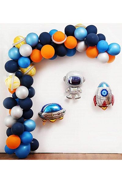 Çemrek Süs Parti Space Concept Balloon Chain with Foil Balloons, 100 Balloons, 5 mt Chain Apparatus and Balloon Pump