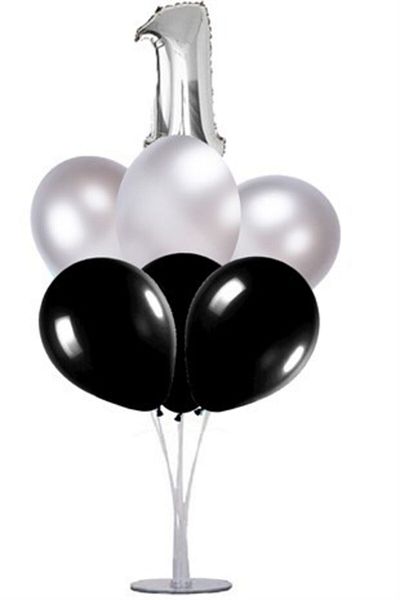Çemrek Süs Parti Black Silver 1 Year Old Balloon Stand - 1 Stand and 10 Metallic Balloons and 50 cm Foil Balloons