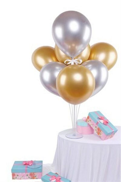 Çemrek Süs Parti Gold Silver Balloon Stand - 1 Stand and 10 Chrome Balloons