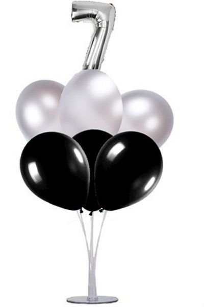 Çemrek Süs Parti Black Silver 7-Year-Old Balloon Stand - 1 Stand and 10 Metallic Balloons and 50 Cm Foil Balloons