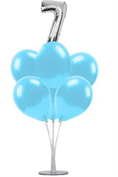 Çemrek Süs Parti Blue 7 Years Old Balloon Stand - 1 Stand and 10 Metallic Balloons and 50 Cm Foil Balloons