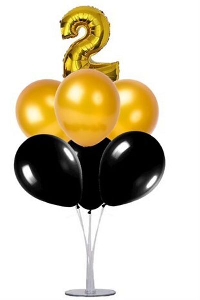 Çemrek Süs Parti Black Gold 2 Year Old Balloon Stand - 1 Stand and 10 Metallic Balloons and 50 Cm Foil Balloons