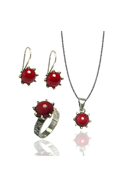 Midyat Nurtaş Gümüş Mercan Taşlı El Işi Otantik Gümüş Üçlü Set