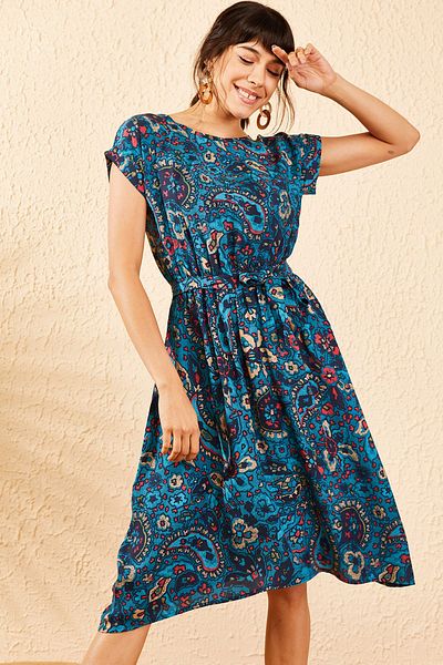Bianco Lucci Blaues kurzärmliges Damen-Midikleid mit ethnischem Muster und elastischer Taille 10041008