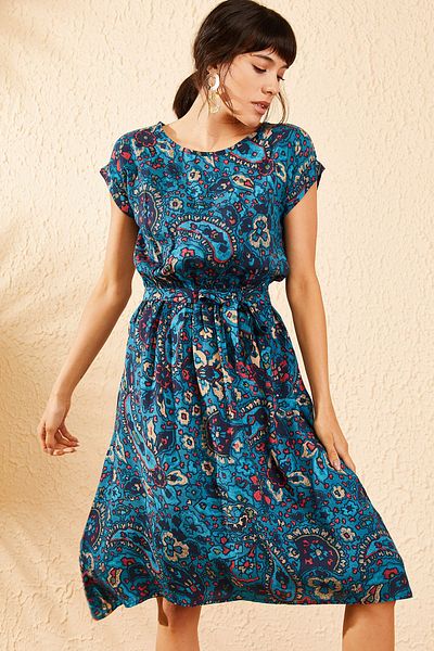 Bianco Lucci Blaues kurzärmliges Damen-Midikleid mit ethnischem Muster und elastischer Taille 10041008